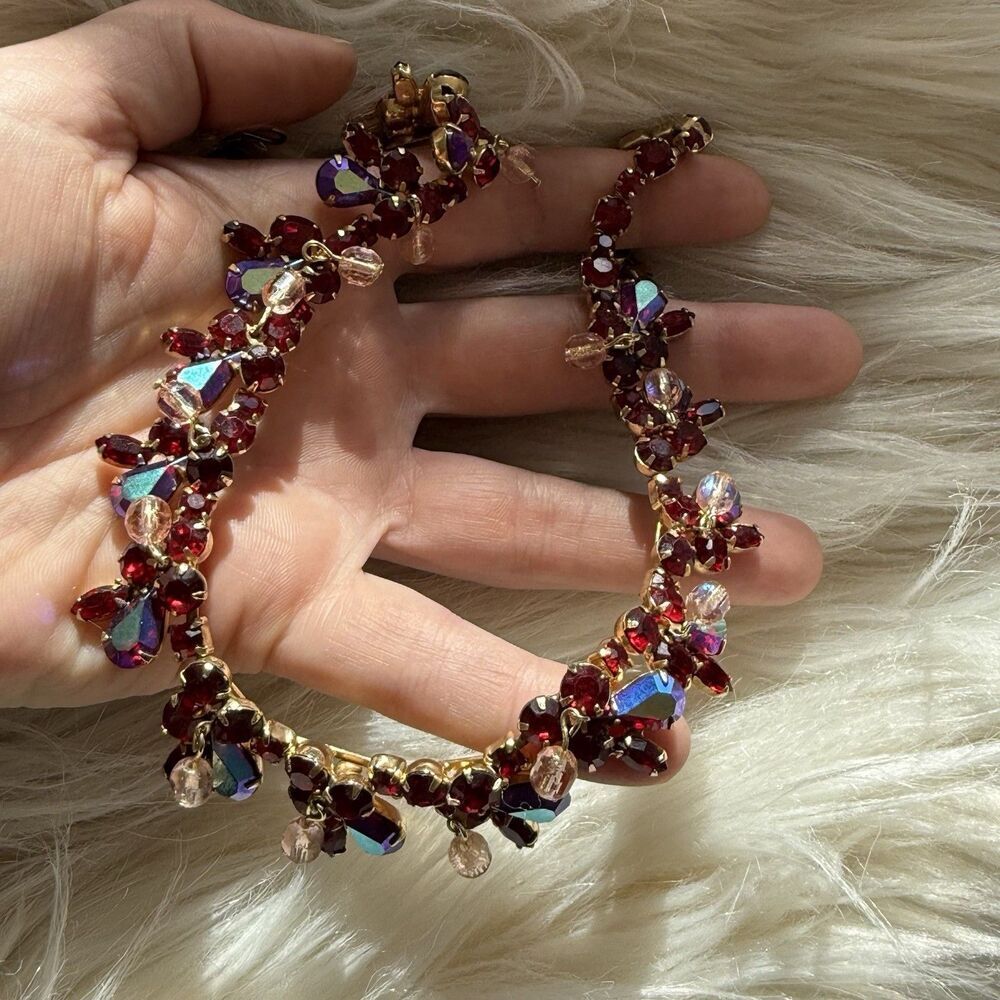 Vintage Kramer Demi-Parure Red Aurora Borealis AB Teardrop Pink Dangle Balls - Picture 6 of 16